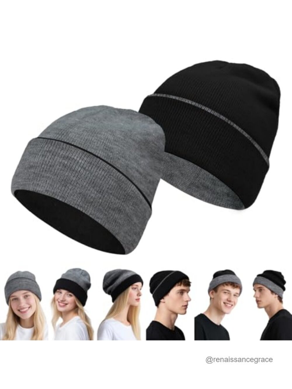 Reversible Knitted Beanie Hat for Men Women Winter Warm Double-Side Acrylic